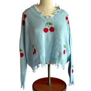 Womens Sweater Size Large Blue Cherries Fringe Indie Girlhood Twee Retro